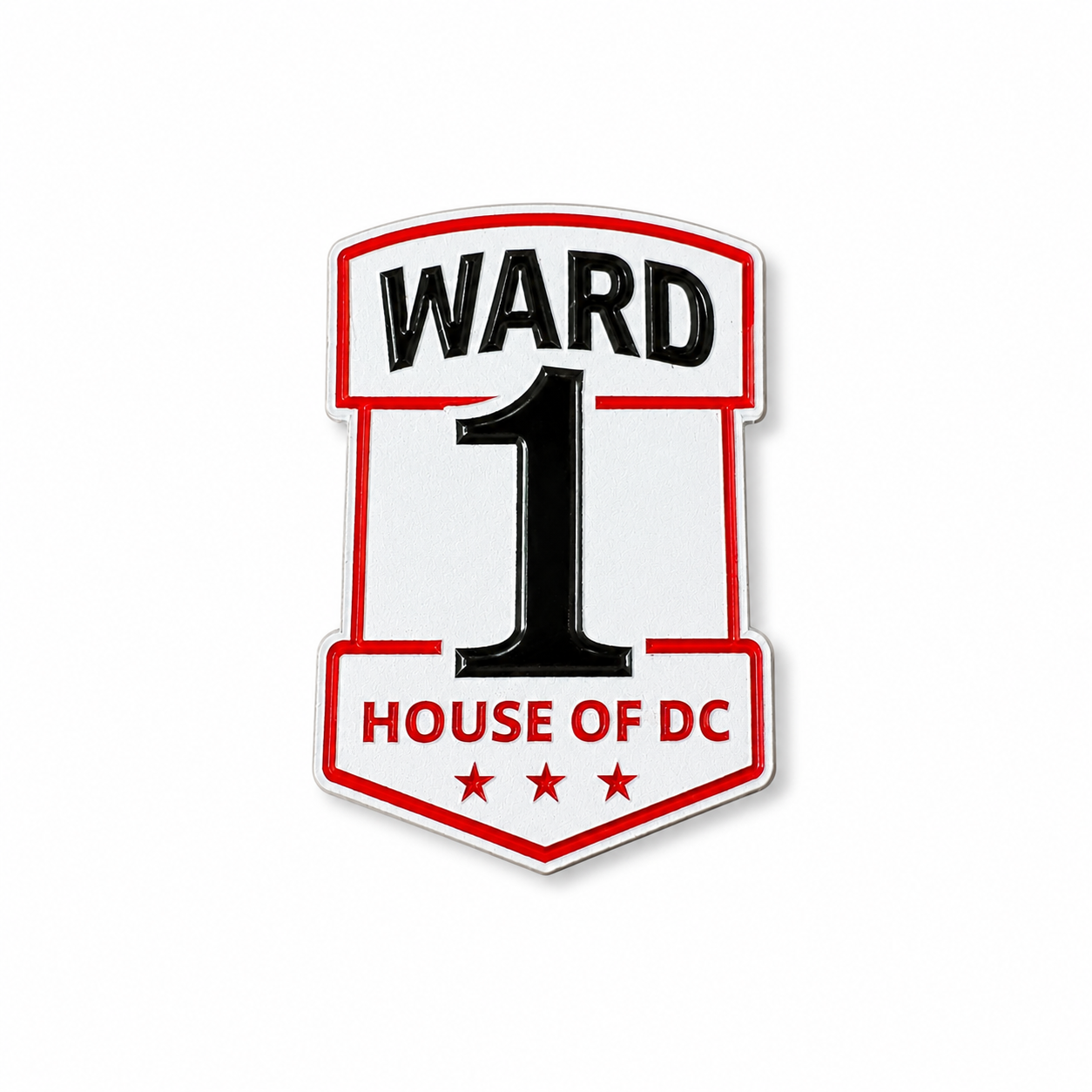 image of enamel pin that says WARD 1 in black on white background and red trim with HOUSE OF DC in red. 