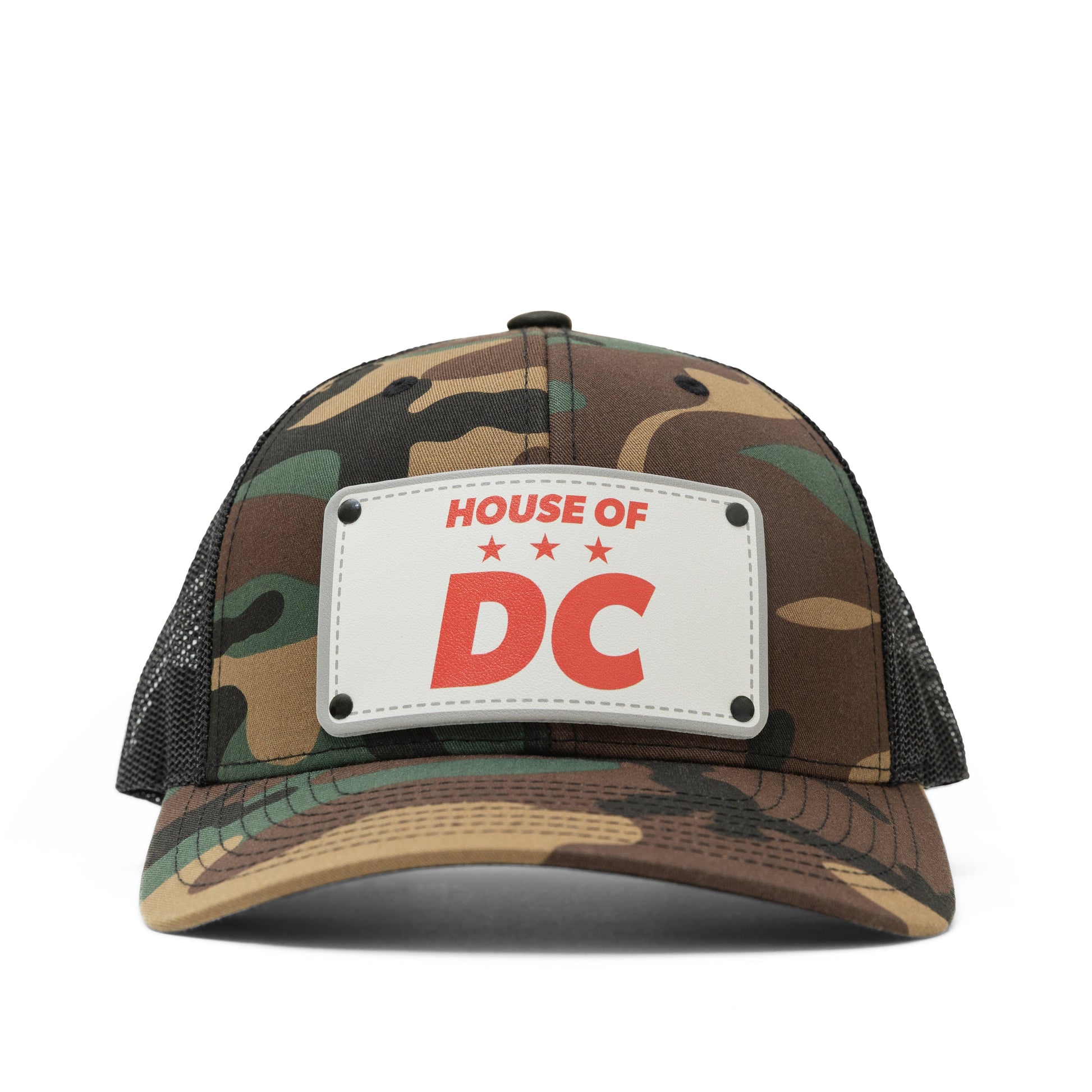 House of DC Camo Mesh Trucker Cap - front. mesh back, snapback adjustment, leather patch. 