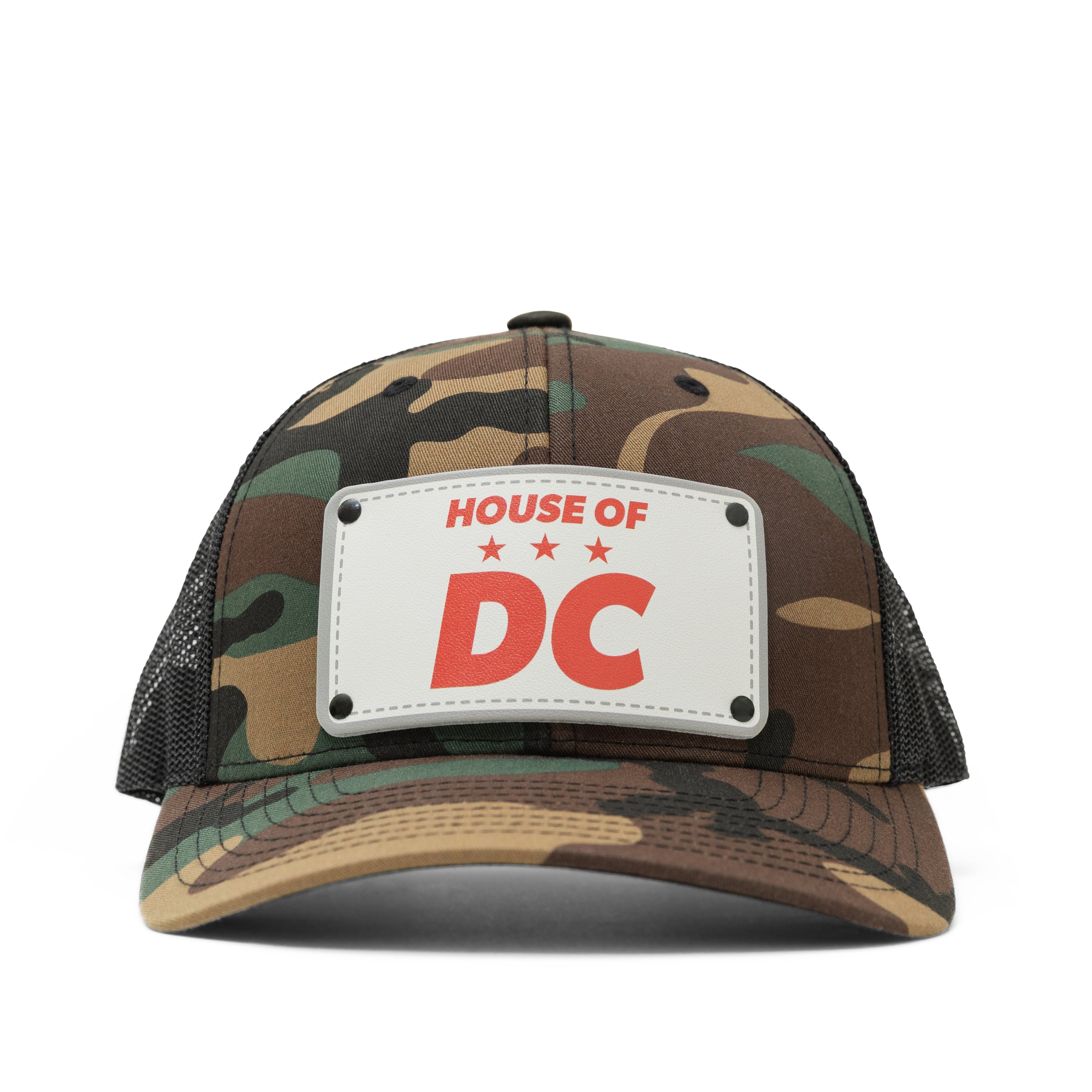 House of DC Camo Mesh Trucker Cap - front. mesh back, snapback adjustment, leather patch. 