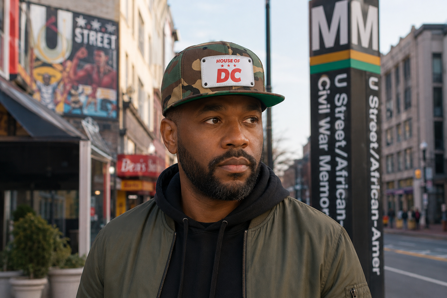 AI picture of man wearing a House of DC snack back cap in camo in the U ST area of DC. 