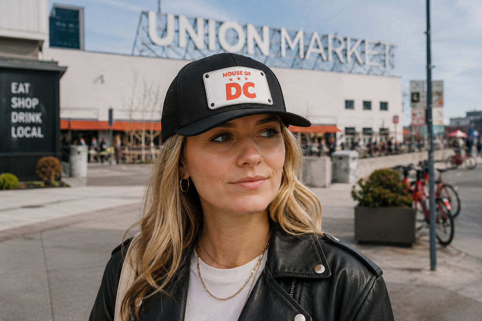 AI picture of woman wearing a House of DC mesh trucker cap in black in the Union Market area of DC. 