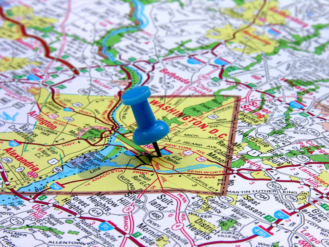 washington-dc-on-the-map with thumb tack pin on the city center